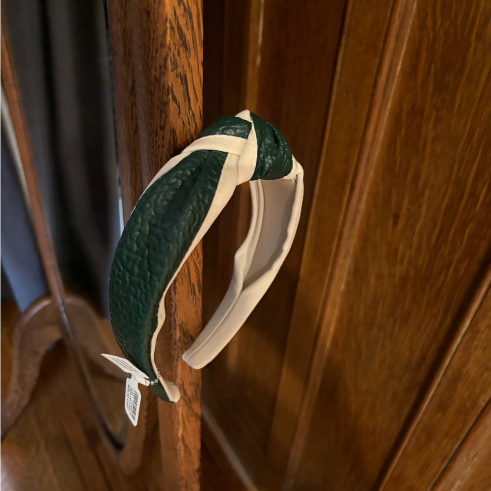 Green & Cream Leather Knotted Headband; NWT